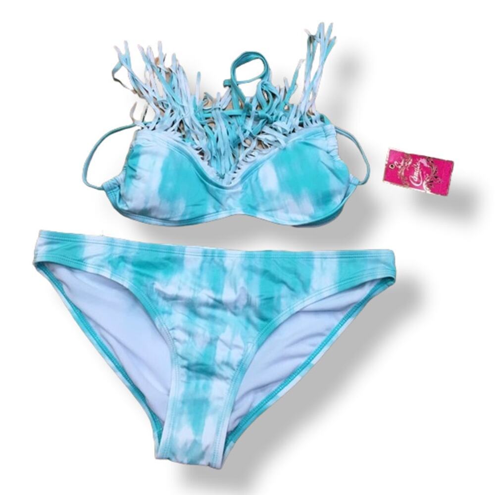 Candie's Womens Juniors Bikini Sz XS L Swimsuit Two Piece Tie Dye Fringe Aqua